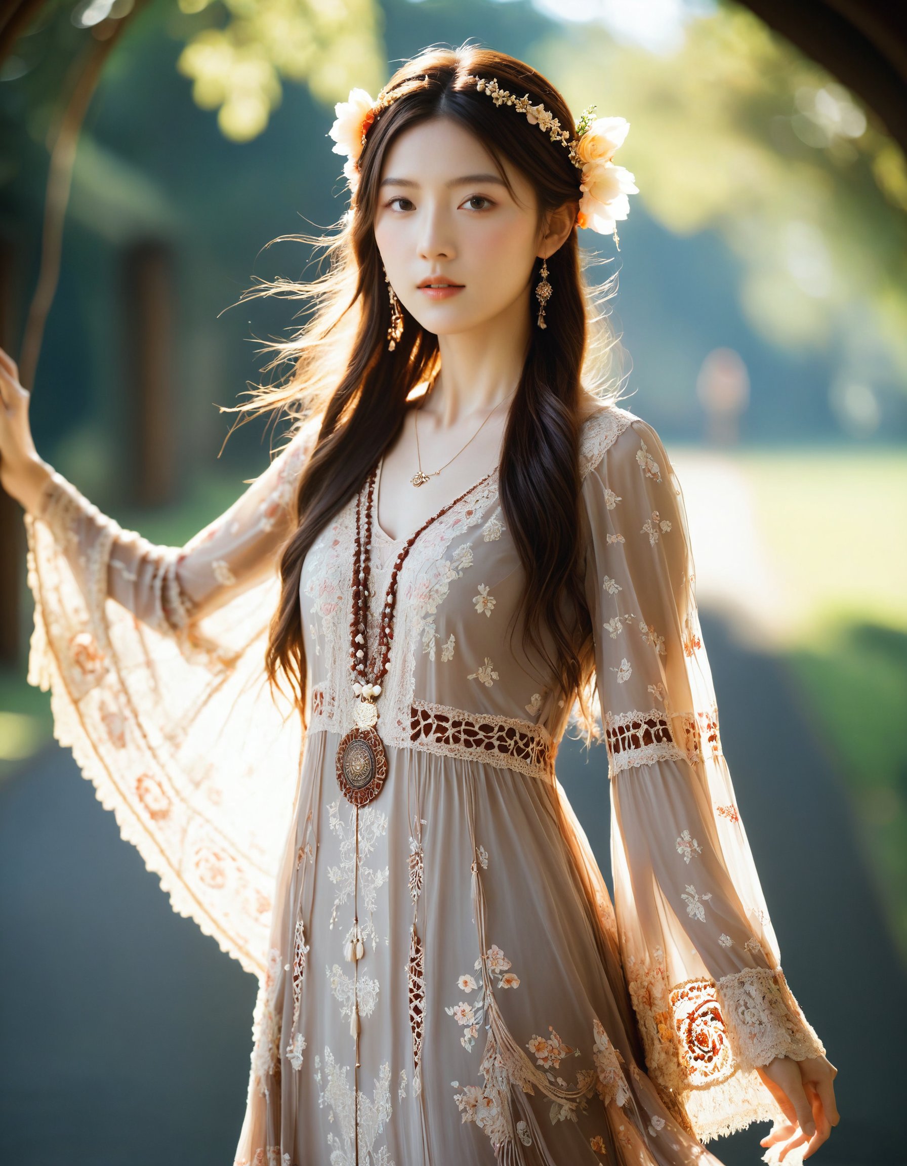 best quality, masterpiece, bohoai hinaigirl, raw photo of a woman in floral long lace dress which often for ornate details and floral symbols, flowing long brown hair cascading over her shoulders,middle distance shot taken by long range lens, high key light, hard shadow, soft bokeh, professional photography, balanced contract, balanced exposure, <lora:boho_hinaigirl_v1:0.7>