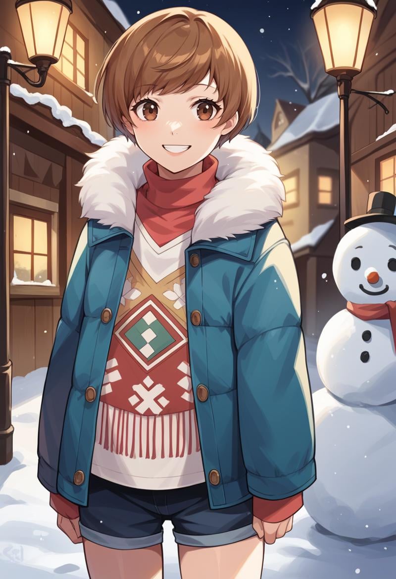 score_9, score_8_up, score_7_up, source_anime BREAK 1girl, solo, <lora:zs_ChieXL:1> chiemidwinter, brown hair, short hair, brown eyes, blue coat, fur trim, red scarf, blue shorts, cowboy shot, smile, village, snow, snowman, 