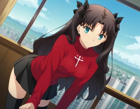 score_9, score_8_up, score_7_up, source_anime,rintohsaka, <lora:rin-tohsaka-ubw-ponyxl-lora-nochekaiser:1>,rin tohsaka, aqua eyes, black hair, hair ribbon, long hair, ribbon, sidelocks, two side up, parted bangs,black skirt, black thighhighs, long sleeves, miniskirt, pleated skirt, red sweater, skirt, sweater, thighhighs, turtleneck,indoors, cityscape, smile, bent over,looking at viewer, dutch angle, cowboy shot,