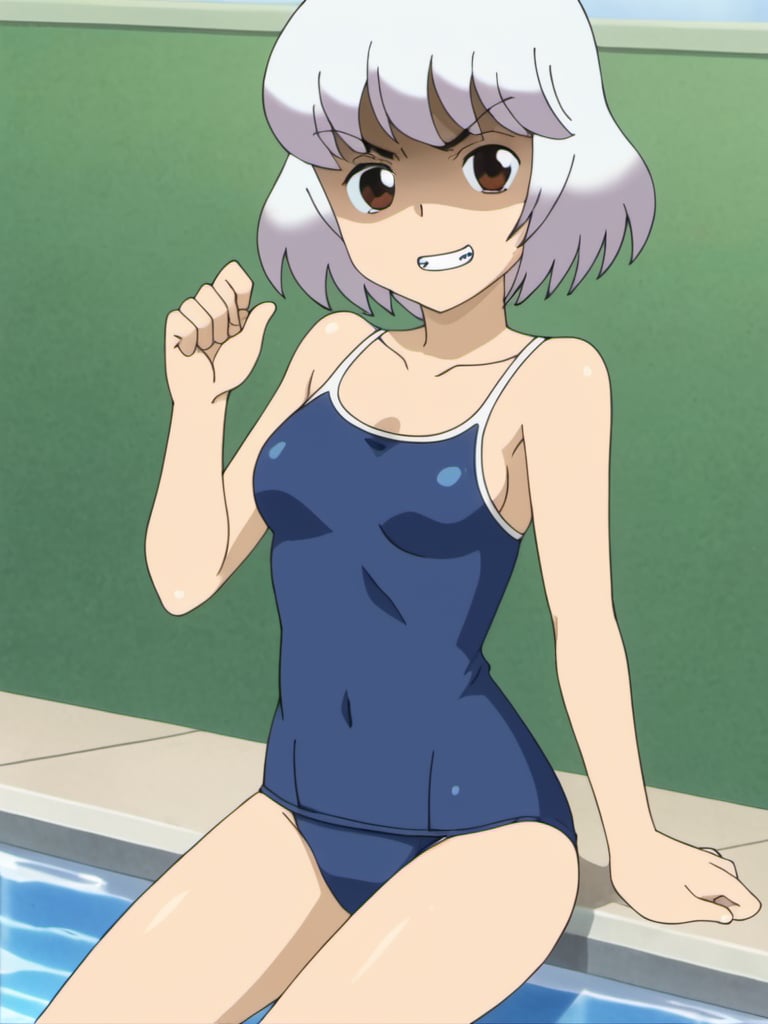 score_9, rating_explicit, source_anime, best quality, masterpiece:1.2, BREAK 1girl, simple background, (small perfect round breasts), anime screencap, <lora:RumiYokoi_PDXLv1a-000007:0.8> rumiyokoi, white hair, brown eyes, ((sexy school swimsuit:1.2)), medium breast, looking at viewer, smile, sexy pose, shaded face, clenched teeth, angry, poolside, breast slip:1.5, outdoors, 