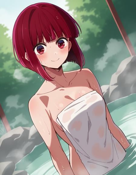 score_9, score_8_up, score_7_up, source_anime,kanaarima, <lora:kana-arima-s1-ponyxl-lora-nochekaiser:1>,kana arima, short hair, bangs, red eyes, red hair, bob cut, smile,nude, naked, outdoors, onsen, towel, naked towel, steam, bathing, nude cover, partially submerged, water, bath, steam censor, wet towel, blush,looking at viewer, cowboy shot, dutch angle, solo,