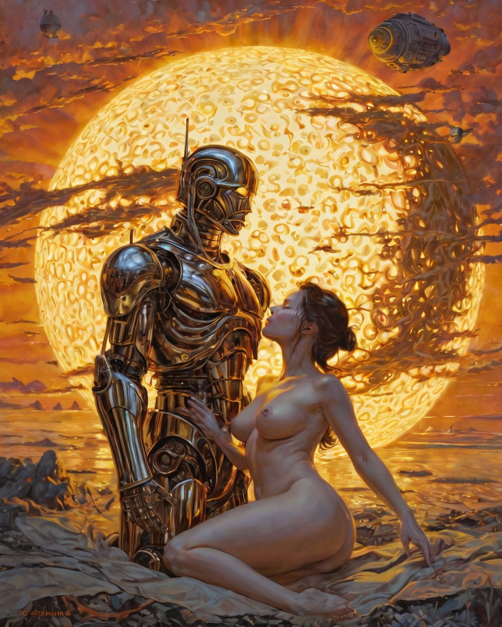 sci-fi art by Robert Williams, awardwinning, ("In the golden silence of dawn, the world awakens, kissed by the soft embrace of sunlight.":1.1), it is very Passionate, FOV 90 degrees, Masterpiece, Frightening, Auto-Destructive Art, Gel lighting, Temari, extremely beautiful 18 year old