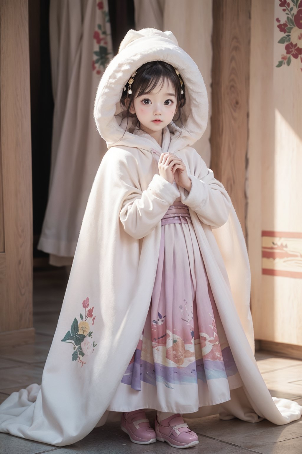 1gril,<lora:hanfuv0.2:0.7>,full body,female child,( pink | purple | black | white | yellow | blue | green ） dress,,cloak, hanfu,