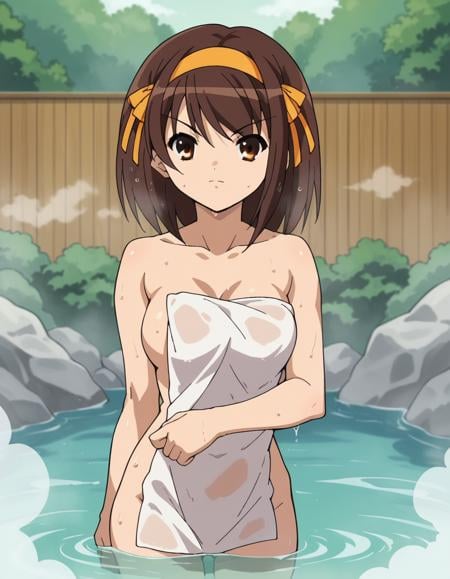 score_9, score_8_up, score_7_up, source_anime,haruhisuzumiya,  <lora:haruhi-suzumiya-s1-ponyxl-lora-nochekaiser:1>,haruhi suzumiya, short hair, brown hair, brown eyes, hairband, medium hair, ribbon, hair ribbon,nude, naked, outdoors, onsen, towel, naked towel, steam, bathing, nude cover, partially submerged, water, bath, steam censor, wet towel,looking at viewer, cowboy shot, solo,