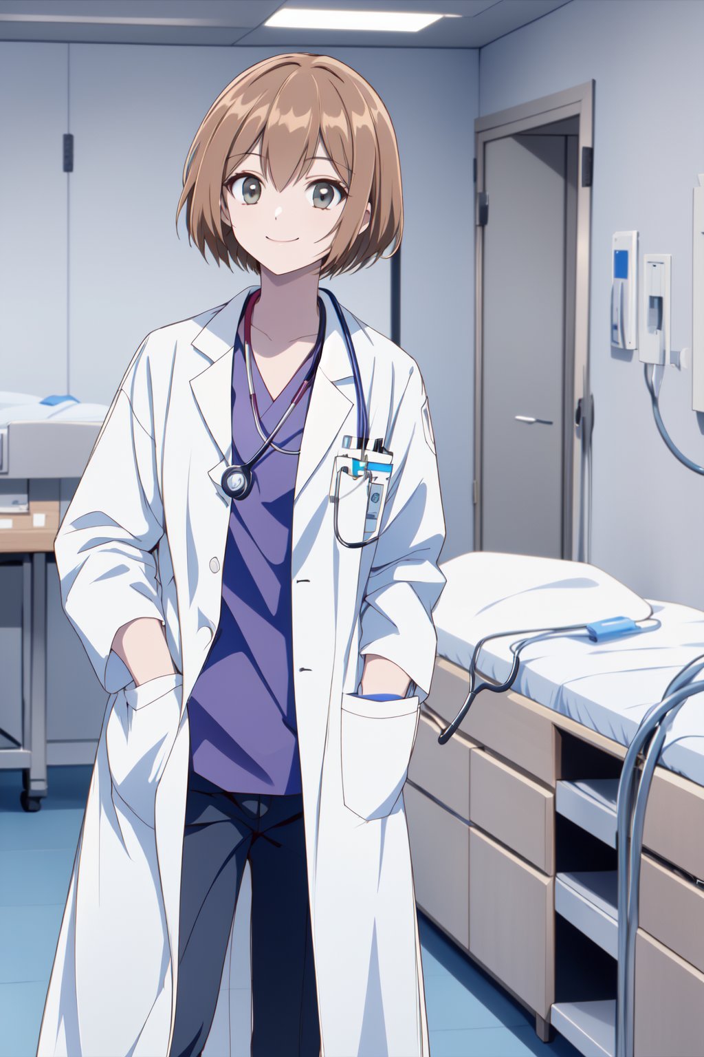 (RAW photo, best quality),  masterpiece, light smile, natural lighting, 1girl, labcoat over scrubs, hospital operating room,  surgical light, stethoscope<lora:LabcoatOverScrubs1_1:0.8>, <lora:shouko_dr_elise_v1_2:1>, shouko