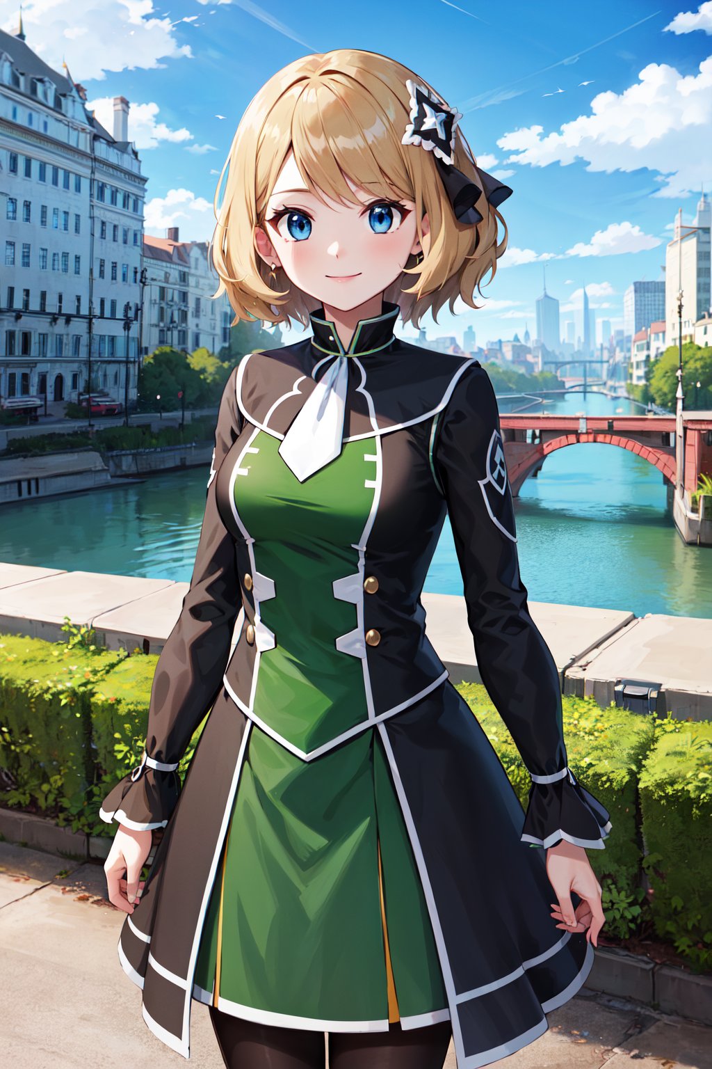 masterpiece, best quality, highres, ddserena, solo, short hair, hair ornament, hair ribbon, eyelashes, blue eyes, white ascot, multicolored dress, black dress, green dress, long sleeves, white pantyhose, <lora:serena_(pokemon)_v2:0.7>, blue sky, smile, city, standing, cowboy shot, bridge,ms, 