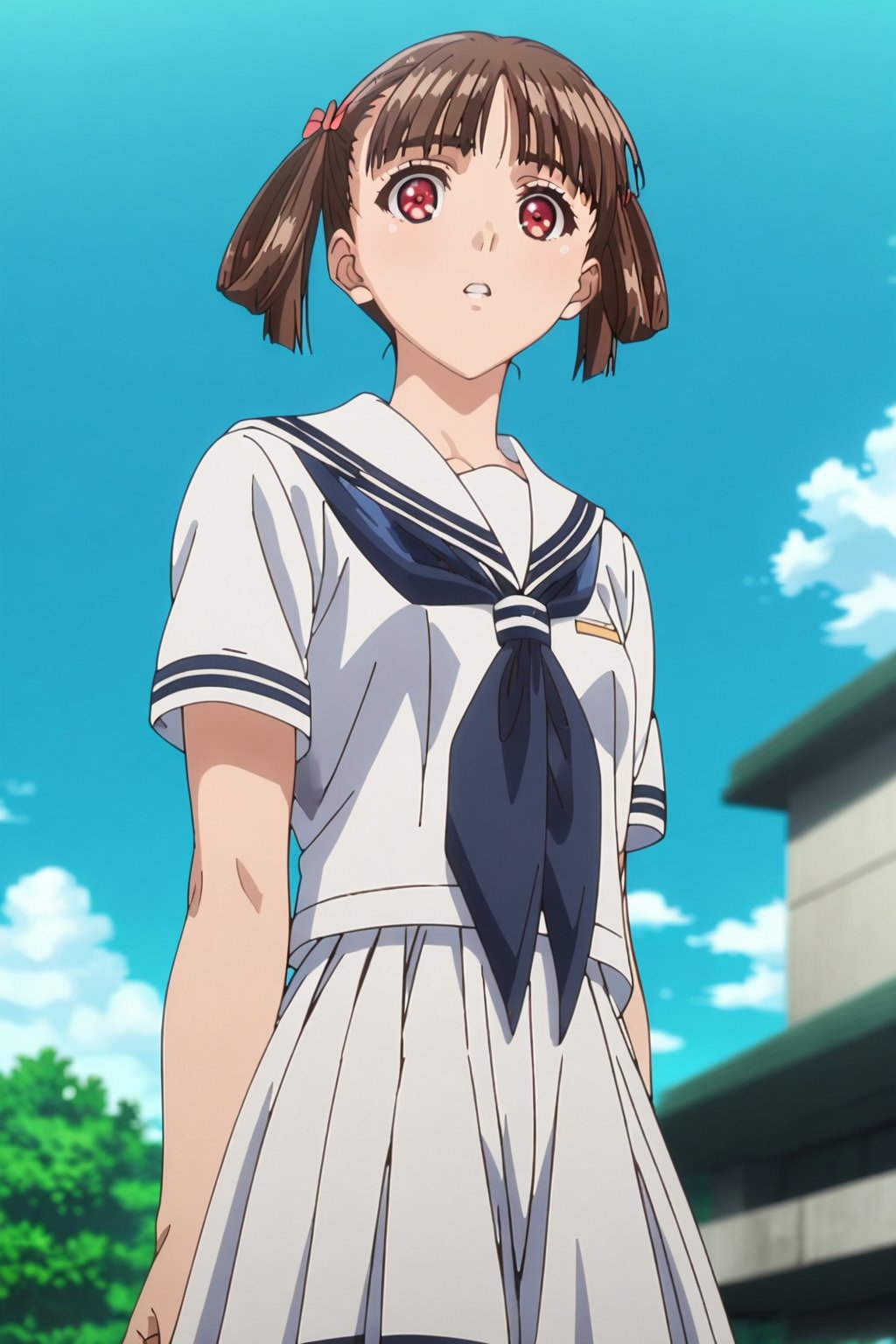 soratani natsuki,1girl, solo, school uniform, red eyes, brown hair, serafuku, sky, day, hair rings, looking at viewer, from below, outdoors, short hair, twintails, neckerchief, upper body, parted lips, short sleeves, blue neckerchief, cloud, blue sky, sailor collar, hair loop, white skirt, cowboy shot,masterpiece, perfect face, best quality, beautiful girl, blurry background, cute girl, beautiful eyes, shiny eyes, anime coloring, anime screencap, absurdres, <lora:soratani natsuki anim:0.8>