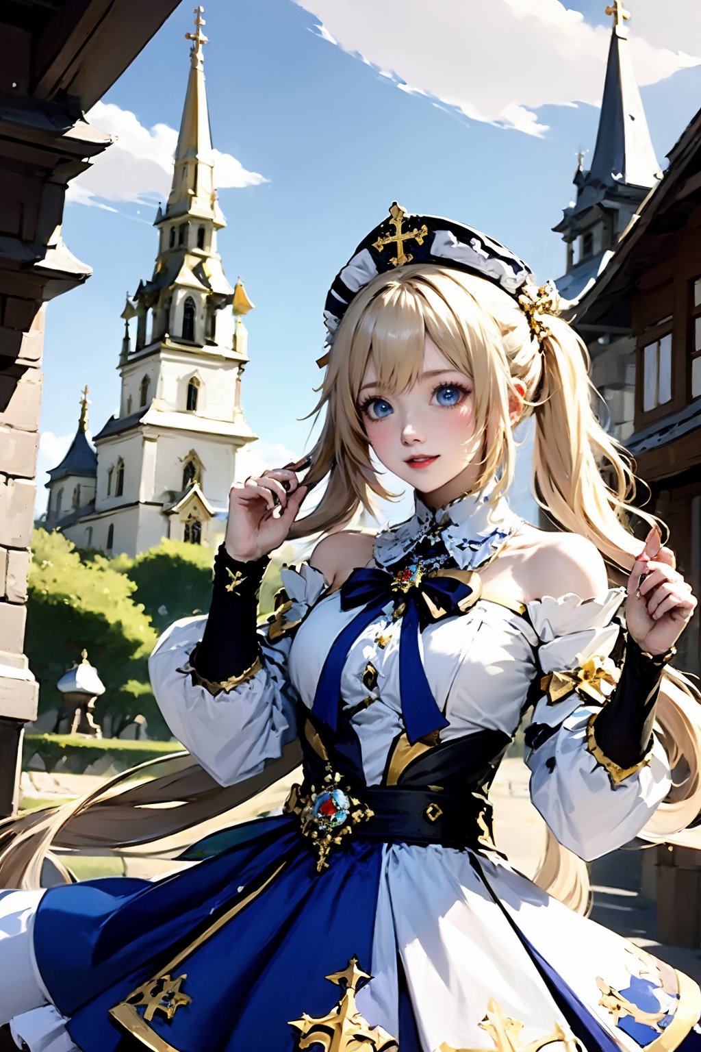 1girl, barbara \(genshin impact\), dress, solo, blue eyes, twintails, white dress, looking at viewer, blonde hair, sky, long sleeves, outdoors, bare shoulders, long hair, white headwear, cloud, blue sky, frills, day, hat, smile, bow, cross, church, detached sleeves, parted lips, drill hair, frilled dress, building, hair twirling, hand up, book, twin drills, hair ornament, detached collar, castle, breasts, black nails, blush, latin cross, cloudy sky, sidelocks, holding, off-shoulder dress, nail polish, lips, cowboy shot, belt, playing with own hair, medium breasts, strapless, white sleeves, strapless dress, bowtie, off shoulder, vision \(genshin impact\), pantyhose, puffy sleeves, architecture, standing