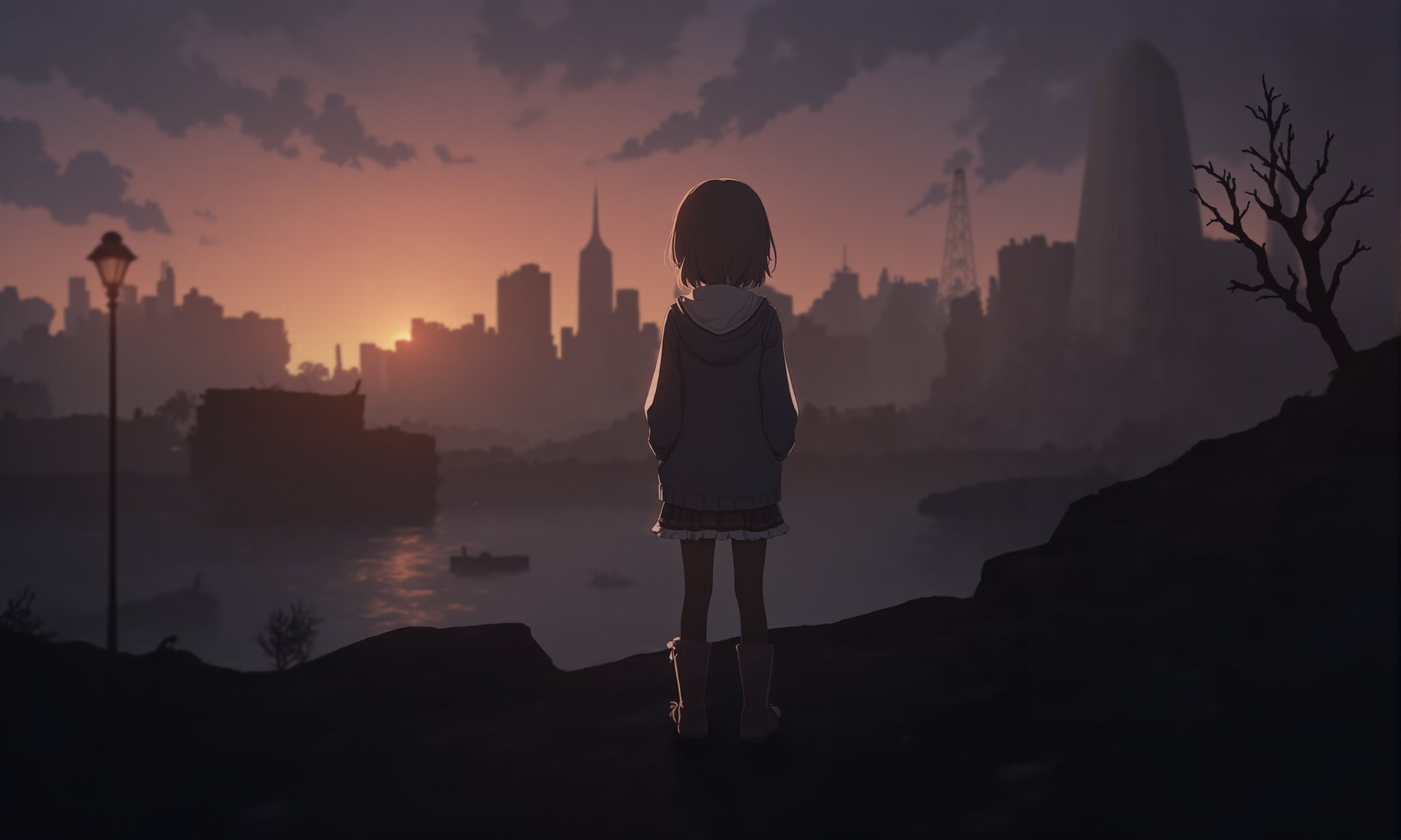 1girl,    boots, skyline, twilight, ruins, building, black skirt, scenery, hood down, cityscape, sunset, depth of field, jacket, hood, short hair, skirt, cloud, blurry, lamppost, watercraft, solo, orange sky, post-apocalypse, wide shot, black pantyhose, bridge, city, horizon, outdoors, skyscraper, brown hair, tree, hooded jacket, ship, dark, from behind, hands in pockets, pantyhose, water <lora:BastylrV2:1>