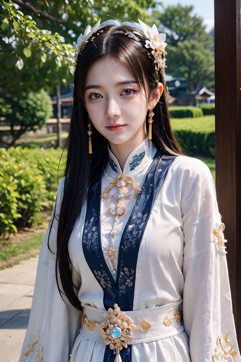 CAFC,1girl,solo,long hair,white clothes,earrings,jewelry,hair accessories,upper body,suburban scenery,east asian,chinese style architecture,