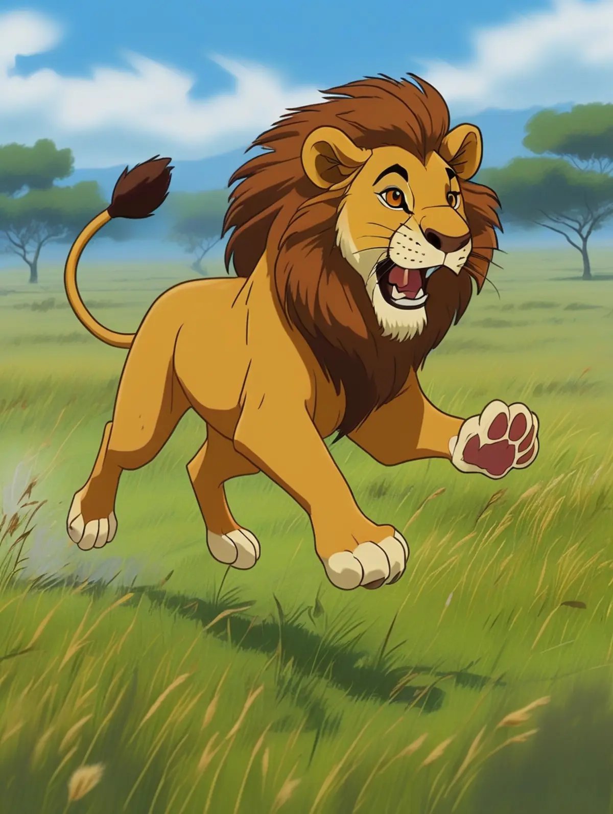 a lion running on the grassland,cartoon,<lora:J_cartoon:0.8>, j_cartoon,