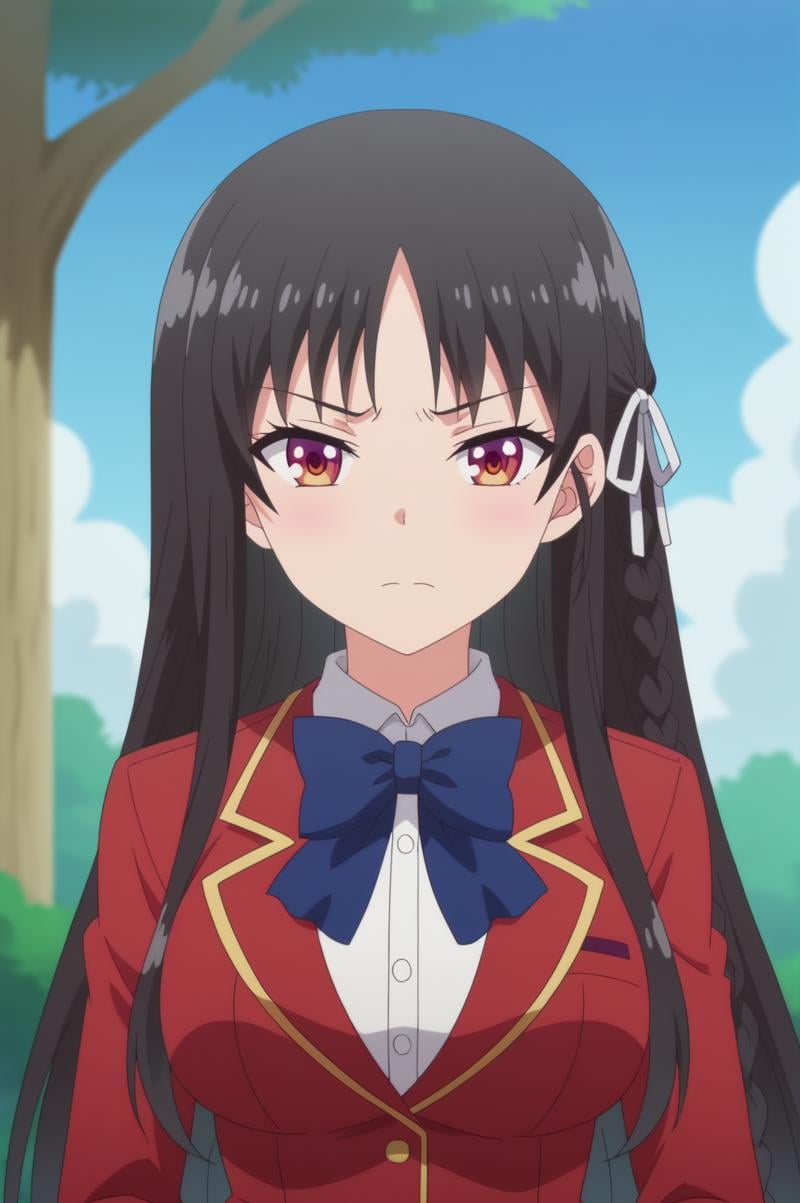 suzune horikita,anime screencap,1girl,solo,mature,looking at viewer,braid,long hair,school uniform,hair ribbon,bow,jacket,shirt,bowtie,closed mouth,emotionless,outdoors,school, sky,tree <lora:Suzune Horikita - PDXL2 .safetensors:0.8>