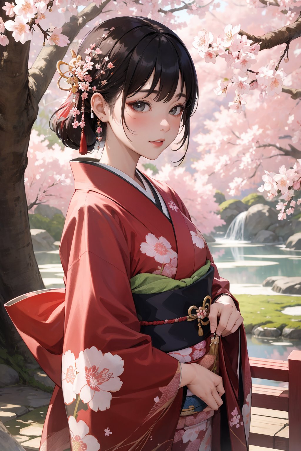 ((masterpiece)), ((best quality)), absurdres, 8k uhd, beautiful colors, vivid colors, insane details,A portrait of a beautiful female wearing a kimono in a spectacular Japanese garden with beautiful spring colors and cherry blossoms