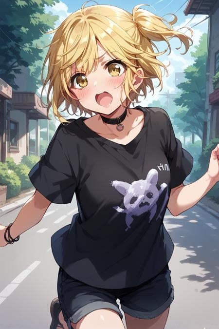 score_9, score_8_up, score_7_up, score_6_up, 1girl, <lora:Tsukimiyama_Nagisa:0.9> nagisa, blonde hair, yellow eyes, black t-shirt, shorts, choker, blushes, open mouth, run,