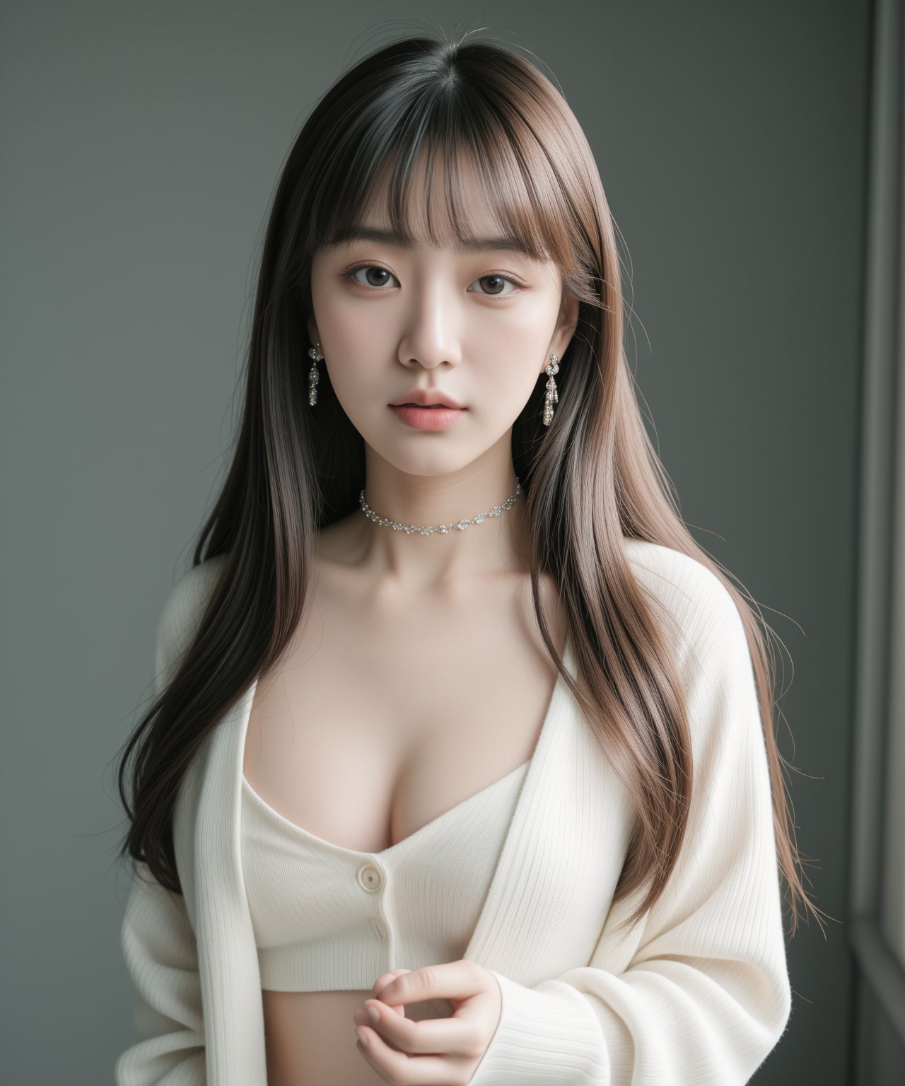 (masterpiece:1.35),(best-quality:1.4), 8k, ultra-detailed, photography, (ultra-realistic:1.4), film grain, portrait photo of 23 years old J-pop woman in white cardigan, (flowing long hair, run her hand through her hair), earrings, choker, cleavage, pale skin, (pout, thin lip), hard shadows, simple background, (instagram photo),