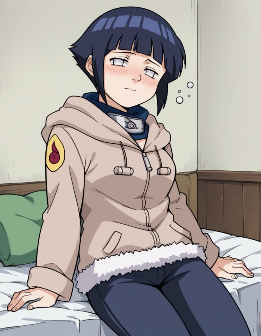 score_9, score_8_up, score_7_up, source_anime, <lora:hinata-hyuga-s1-ponyxl-lora-nochekaiser:1>, hinata hyuga, short hair, white eyes, bangs, blunt bangs, medium breasts,, long sleeves, pants, hood, konohagakure symbol, fur trim, jacket,, indoors, bed, bed room, on side, blush, drunk, looking at viewer, solo,, cowboy shot, dutch angle