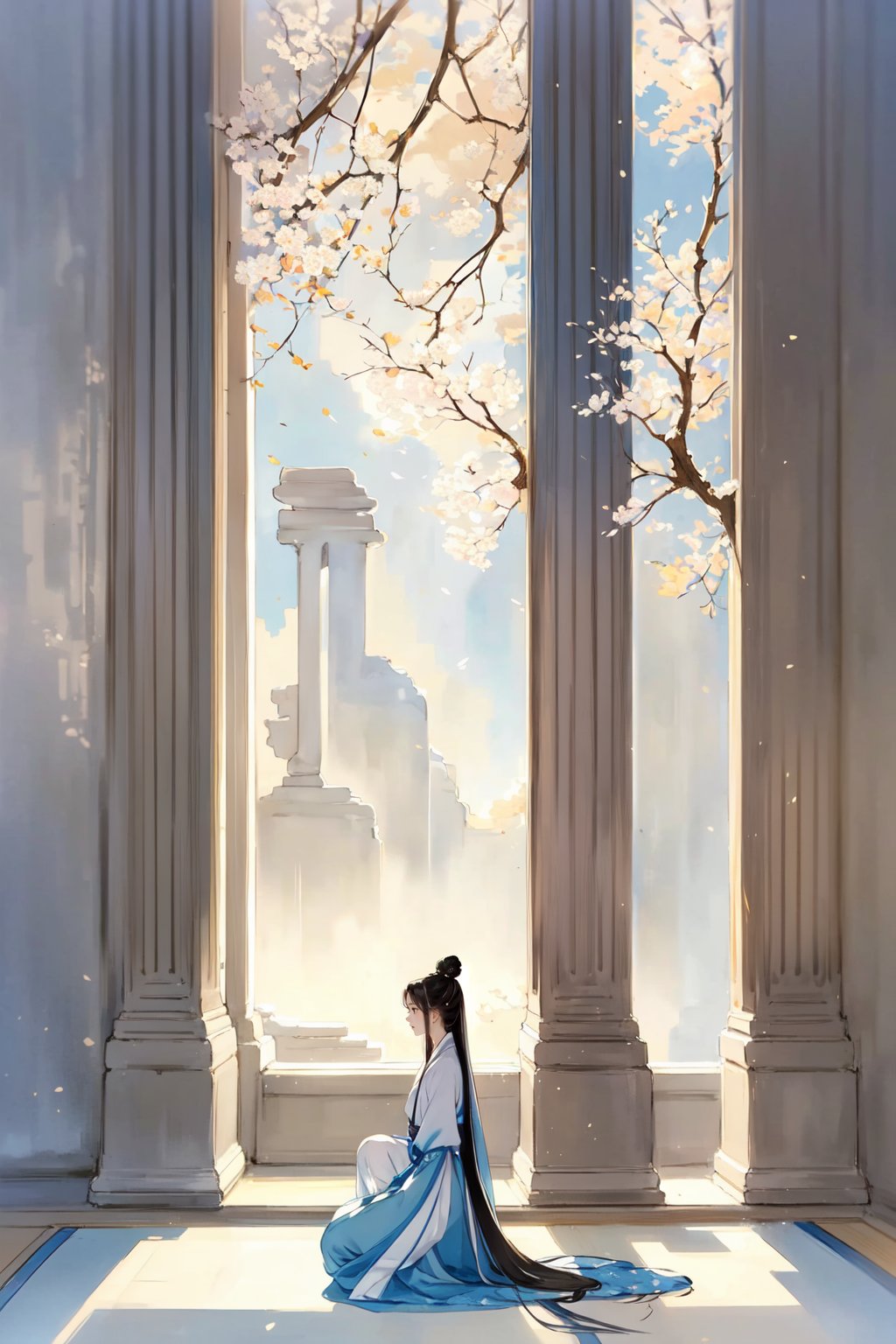 -Hanama wine, solo, long hair, chinese clothes, 1girl, black hair, single hair bun, hair bun, hanfu, long sleeves, sitting, traditional media, seiza, pillar, from side, tree, robe, profile, painting \(medium\), very long hair,anime,<lora:Hanama wine V2-000018:0.8>,