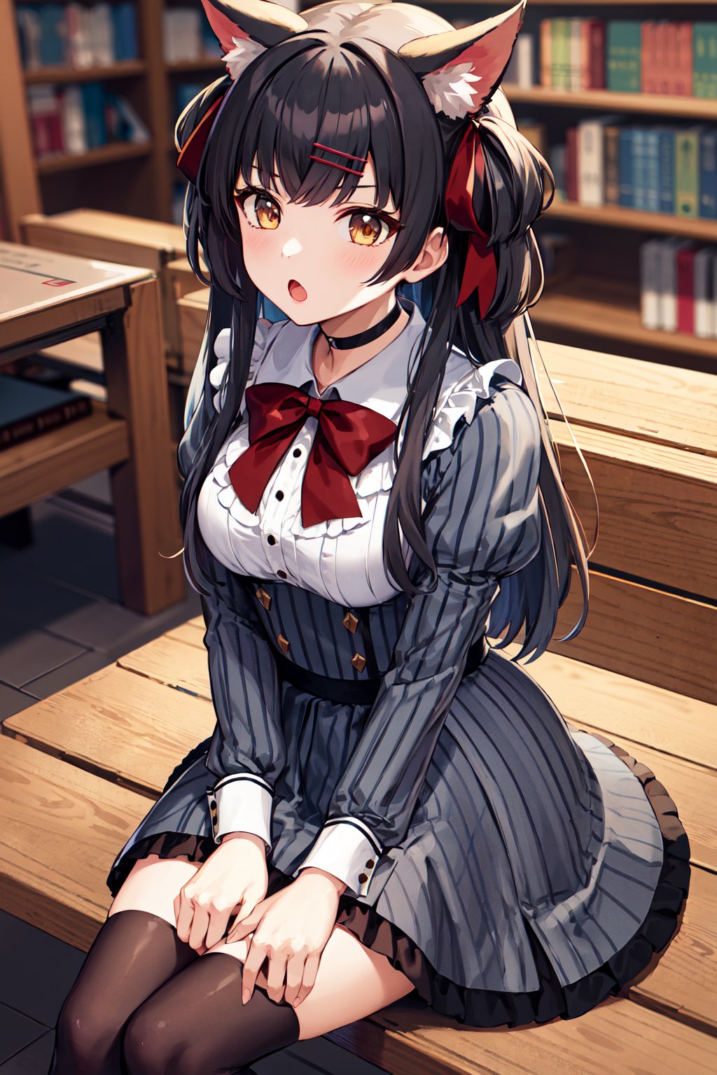 masterpiece, best quality, highres, fffuyuko, long hair, two side up, animal ears, hairclip, black choker, red bowtie, vertical-striped dress, grey dress, puffy sleeves, (vertical stripes:1.2), long sleeves, striped skirt, frilled thighhighs, <lora:mayuzumi_fuyuko_v1:0.7>, book, sitting, bench, library, :o