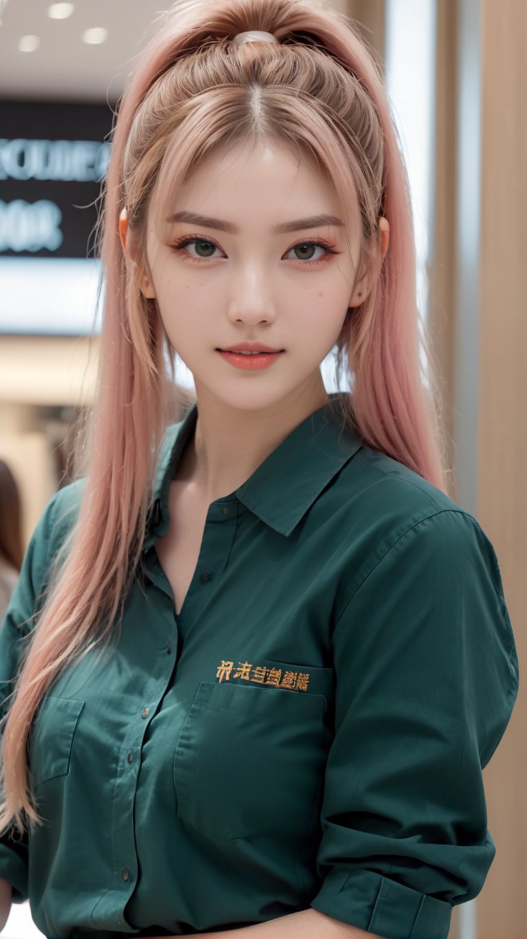 street fashion photography, photo of young female,(face viewer:1.0 ),ponytail hair, high ponytail hair, very long hair, pale skin, look at viewer, sexy pose, beautiful girl, look at viewer, (multicolored hair, pink hair, white hair, blonde hair, long hair, high ponytail),8k, real picture, intricate details, ultra-detailed,(photorealistic),film action shot, full body shot,  in a shopping mall ,realistic, extremely high quality RAW photograph, detailed background, intricate, Exquisite details and textures, highly detailed, ultra detailed photograph, warm lighting, 4k, high resolution, detailed skin, (detailed eyes:1.4), 8k uhd, dslr, high quality, film grain, Fujifilm XT3, skin pores, (facial freckles,imperfections, blemishes:0.8), (grin:1.0), skin texture,<lora:greenjk2:1.0> (Hunter green uniform, black skirt:1.4), long green sleeves,