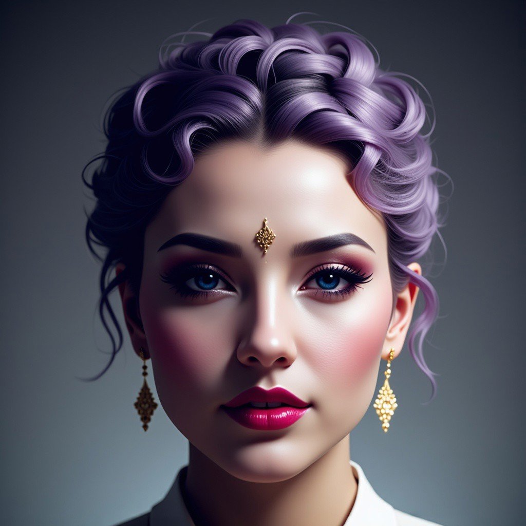 This is a highly detailed, digital artwork featuring a stylized, fantastical portrait of a young woman. The image is rendered in a hyper-realistic, photorealistic digital medium, likely created using advanced CGI software. The subject is a woman with an ethereal, almost otherworldly appearance. She has porcelain skin, striking blue eyes with long, dark lashes, and full, glossy red lips. Her hair is styled in a sophisticated, elegant updo, with intricate, subtle waves.