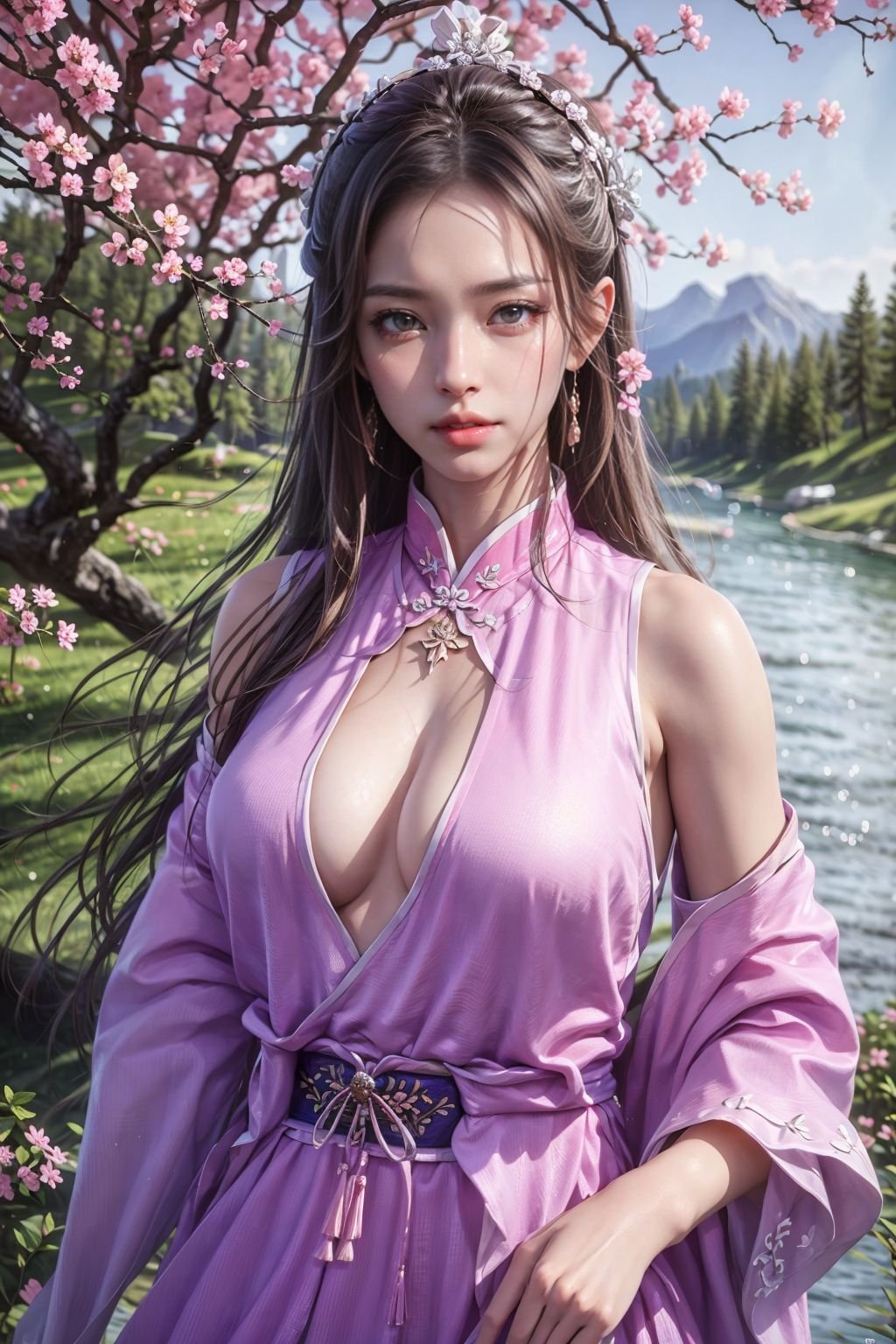 (best quality:1.3, masterpiece:1.3),realistic,(photorealistic:1.2),ultra high res,(1girl, solo),atmospheric perspective,fashi-girl detailed face,make up,(hanfu:1.2),pink lips,parted lips,closed mouth,shiny skin,(brown hair),very long hair,looking at viewer,blueeyes,earrings,slim body,perfect lighting,(front lighting),physically-based rendering,extremely detailed CG unity 8k wallpaper,lips,(china dress, dress:1.2),hair ornament,necklace,jewelry,long hair,earrings,(chinese clothes:1.2),large breasts,outdoors,water,river,Standing by the river,nature,mountain,depth of field,lens 135mm,f1.8,lens flare,floating sakura,flying butterfly,unbuttoned clothes,(upper body:2),dress,jewelry,flower,earrings,,purple dress,