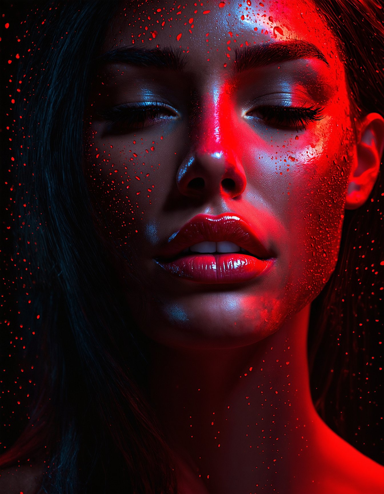 (digital art, ultra-realistic, high detail, high resolution, photorealistic) close-up of a woman's face with eyes closed, illuminated by a deep red light. The face is covered with droplets of red water, creating an abstract geometric pattern. The background is a black-glittered texture, enhancing the sparkle and reflection of the droplets. The woman's eyelashes and lips are accentuated, with the red light adding a shimmering effect. The overall atmosphere is dark, mysterious, and vibrant, with a focus on the contrast between the red and black elements, giving a surreal and captivating visual experience.