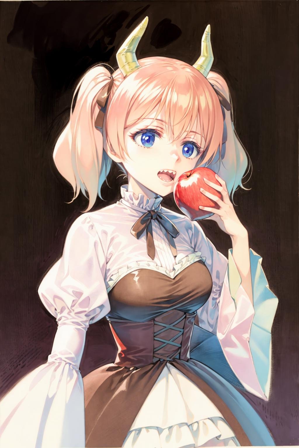 masterpiece, best quality, <lora:style19:1>,watercolor \(medium\), traditional media,  <lora:ri-nie:1>,1girl, solo, horns, food, apple, fruit, twintails, large breasts, open mouth, corset, eating, breasts, dress, brown hair, teeth, holding fruit, ribbon, long sleeves, puffy sleeves, sharp teeth, simple background, blue background, juliet sleeves, holding, brown eyes