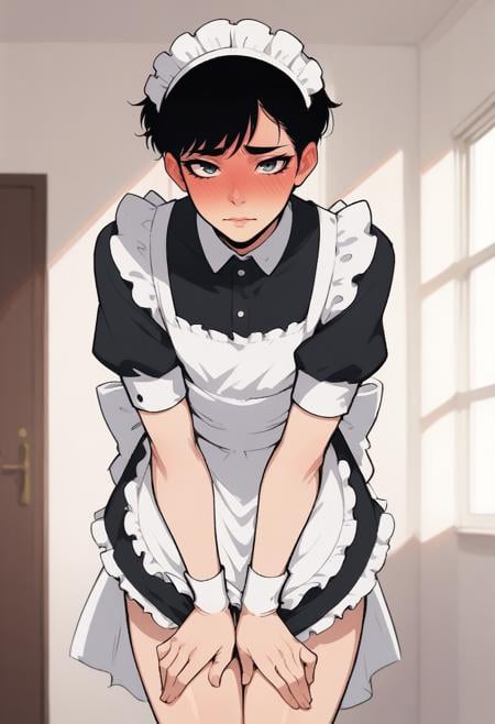 score_8_up,femboy, male focus, black hair, full-face blush, looking at viewer, bangs, thighs, maid, maid headdress, maid apron, standing, leaning forward, seductive <lora:NoctFlatStyleV2:1> 