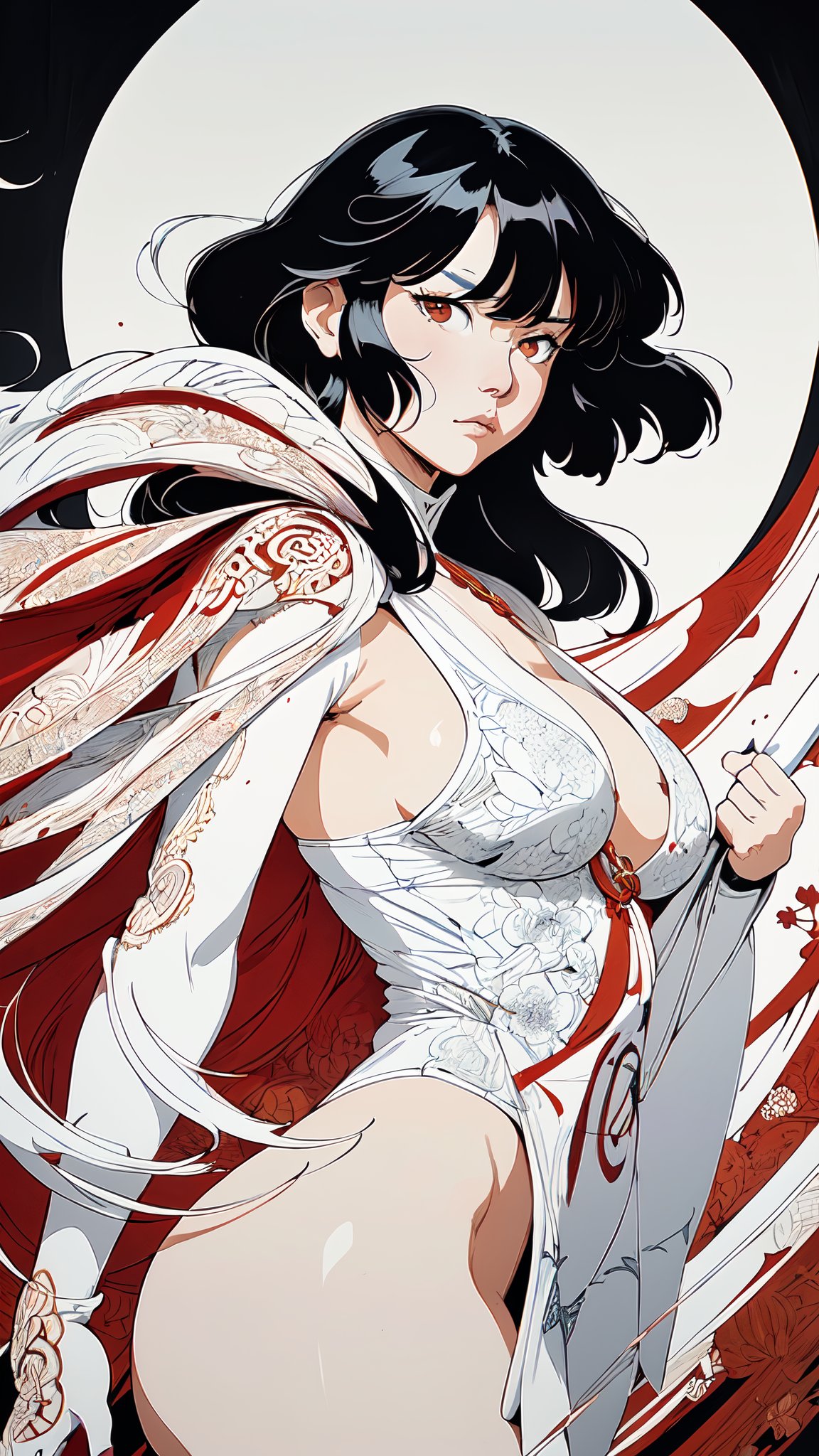 by Rumiko Takahashi, (white but beautiful:1.4), poster art, bold lines, hyper detailed, expressive, award winning, female, (intricate details, masterpiece, best quality:1.4), looking at viewer, dynamic pose, wide angle view, in the style of nicola samori