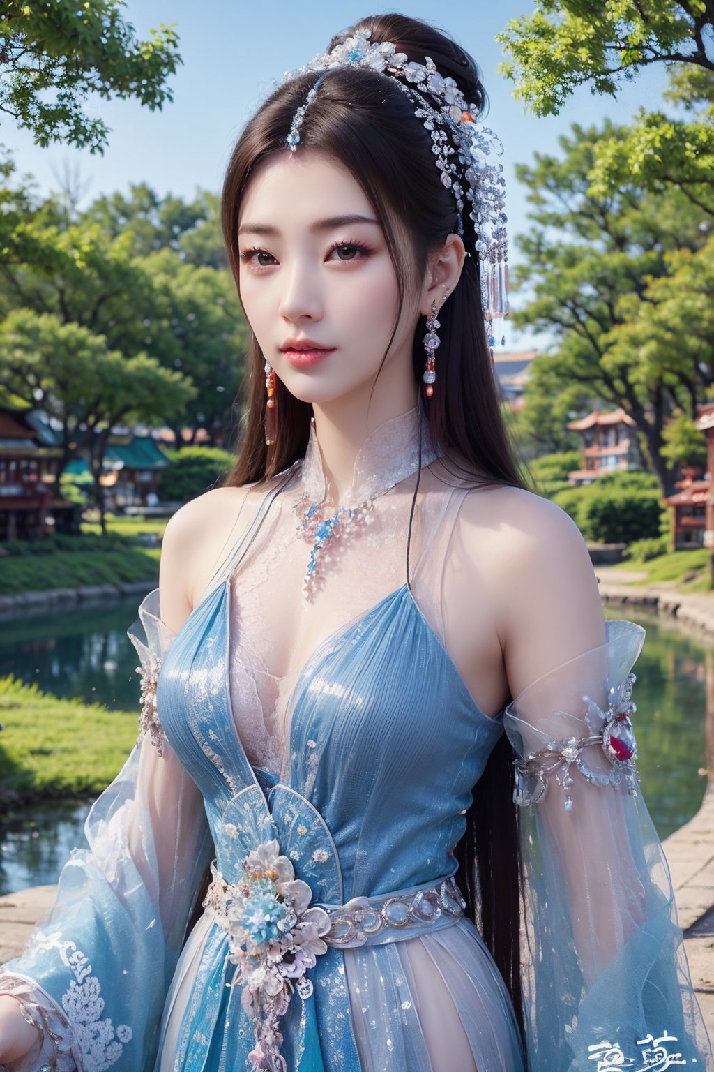 CAFC,1girl,solo,long hair,earrings,jewelry,hair accessories,upper body,suburban scenery,east asian,chinese style architecture,