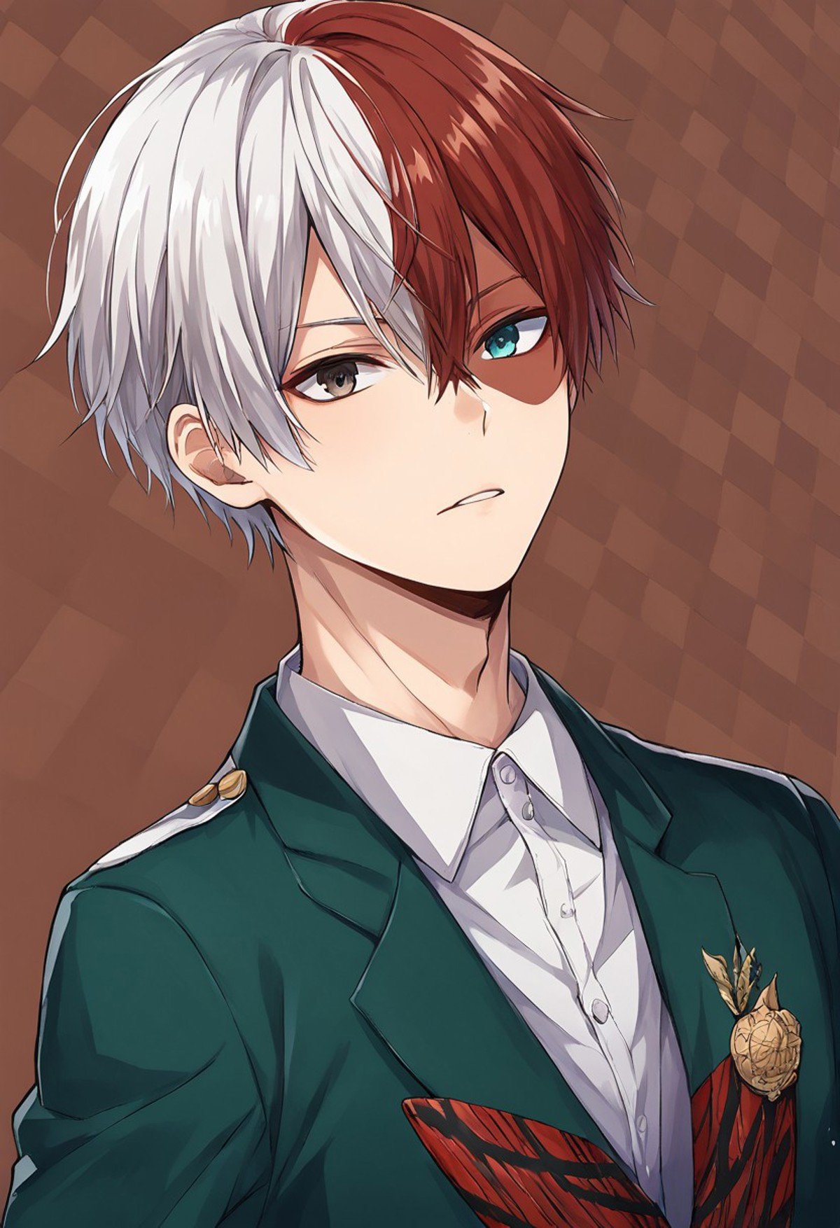 anime artwork, score_7, score_6_up, score_5_up, 1boy, male focus, solo,  masterpiece, best quality, source_anime, detailed eyes, todoroki shoto, split-color hair, white hair, red hair, short hair, heterochromia, grey eyes, blue eyes, hair between eyes, school uniform,  