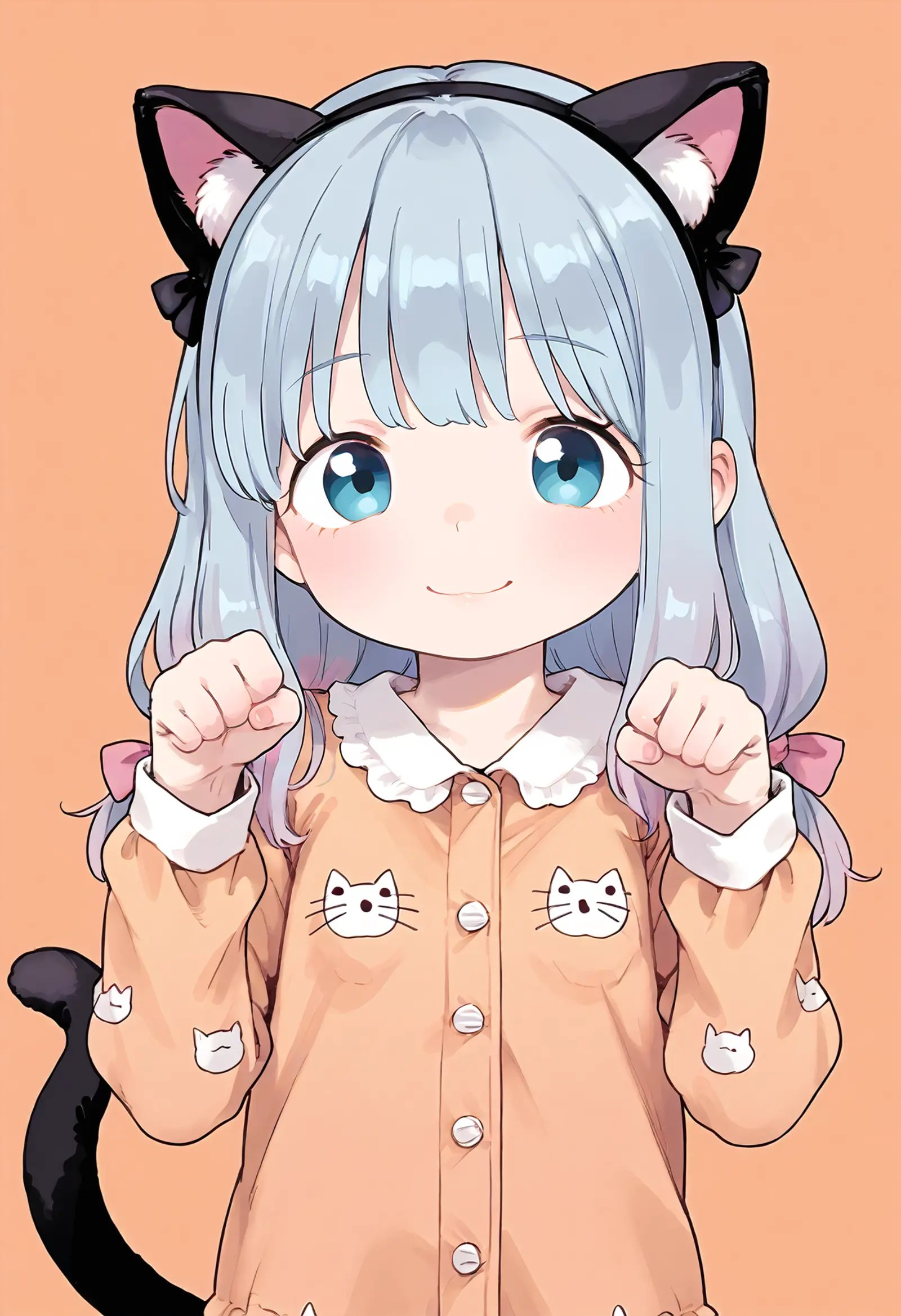 score_9, 1girl, izumi sagiri, upper body,  looking at viewer, upper body, paw pose, cat ears, pajamas, smile, tail,fake animal ears, 