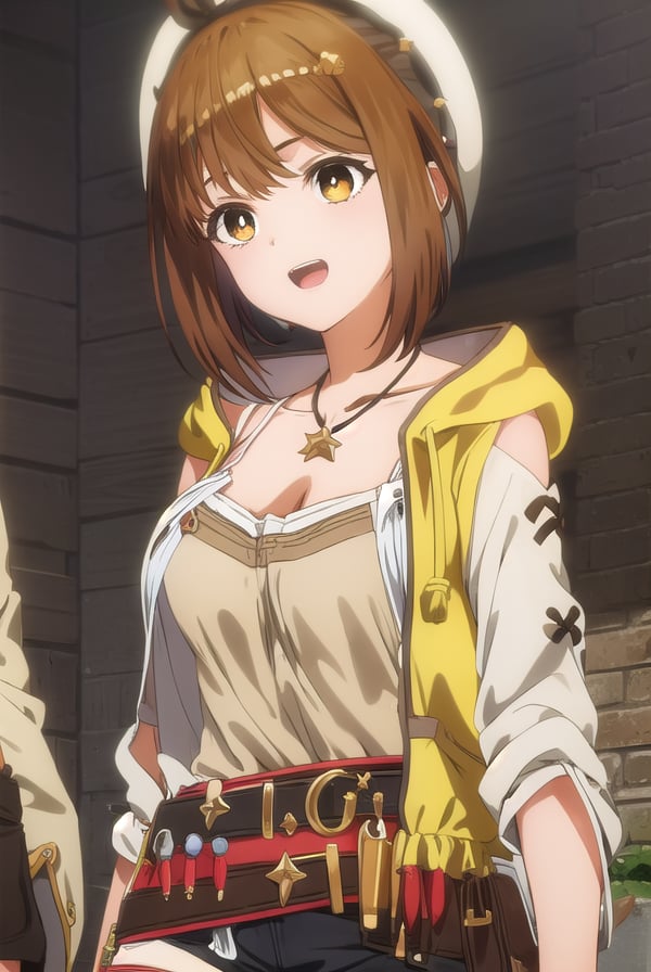 reisalinstout, <lora:reisalin stout s1-lora-nochekaiser:1>,reisalin stout, short hair, brown hair, hair ornament, (brown eyes:1.5), hairclip, smile, open mouth,BREAK thighhighs, gloves, hat, jewelry, jacket, thighs, shorts, belt, necklace, star \(symbol\), short shorts, white headwear, brown gloves, single glove, yellow jacket, red shorts, leather, sleeveless jacket, star necklace, leather gloves, cleavage,BREAK outdoors,BREAK looking at viewer, (cowboy shot:1.5),BREAK <lyco:GoodHands-beta2:1>, (masterpiece:1.2), best quality, high resolution, unity 8k wallpaper, (illustration:0.8), (beautiful detailed eyes:1.6), extremely detailed face, perfect lighting, extremely detailed CG, (perfect hands, perfect anatomy),