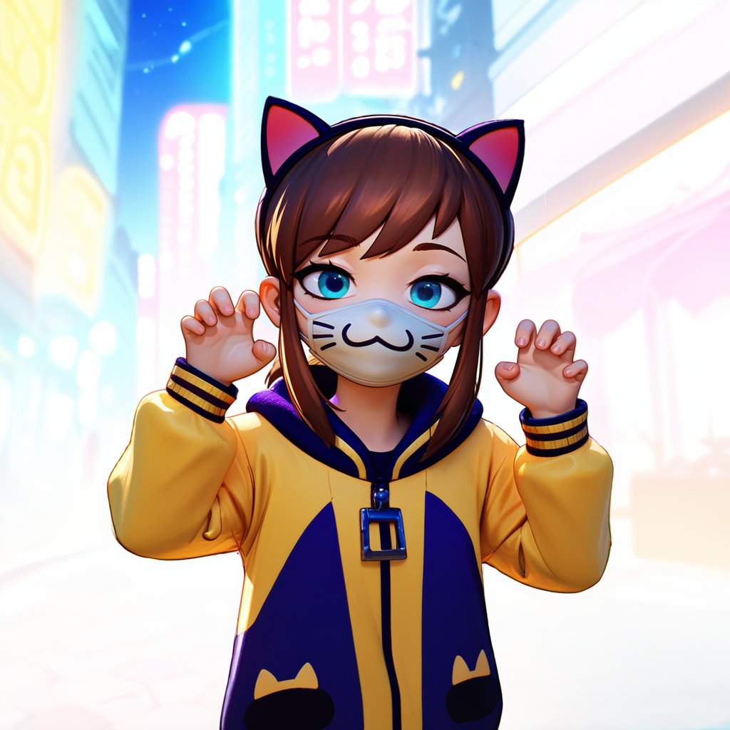 <lora:hatkid:1>,1girl,solo,hat-kid,aged up,medium breasts,brown hair,sidelocks,ponytail,blue eyes,fake cat ears,cat mouth mask,yellow-purple letterman jacket,outdoors,city,neon lights,blurry background,night,night sky,street,science fiction,cowboy shot,hands up,paw pose,looking at viewer,bedroom eyes,, score_9, score_8_up, score_7_up, perfect anatomy, source_anime, zPDXL2,