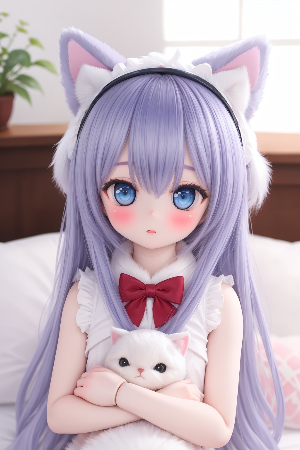 bedroom,pillow hug,pillow,1girl,solo,upper_body,1girl,solo,animal ears,long hair,animal ear fluff,cat ears,white hair,cat girl,very long hair,ahoge,nude,loli,blue eyes,shy,blushing,doll, BJD, dtghdg254793, stfhgd796we2, adsderl931sq, cute