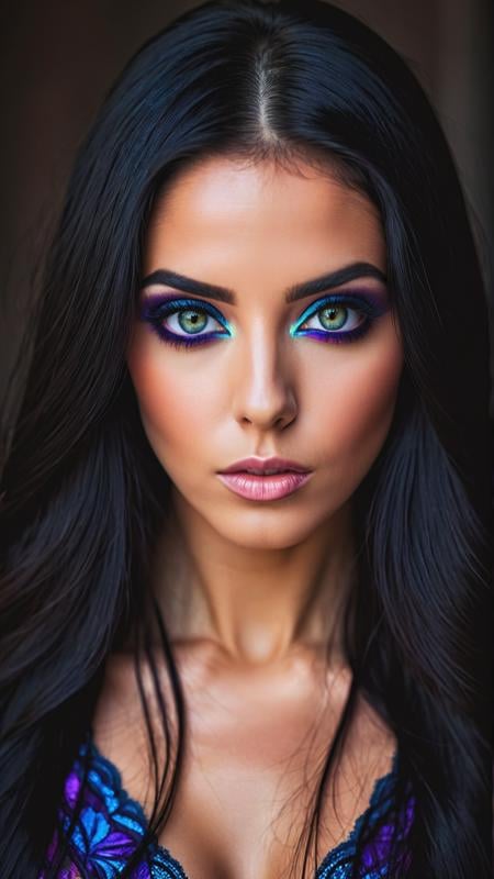 RAW photo of a woman Mara Moseta, long black hair, makeup, symmetry eyes and iris, aesthetic, depth of field, noir, high contrast, colorful, photograph poster, hyper detailed, cinematic lighting, soft shadows, sharp focus, best quality, ISO 100, 16K resolution.