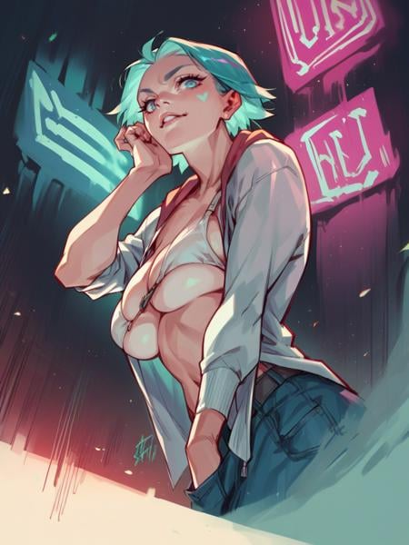 score_9, score_8_up, score_7_up, score_6_up, score_5_up, score_4_up,   <lora:T0n1XLP:0.9> T0n1, 1girl, colorful, blue, neon, large breasts,