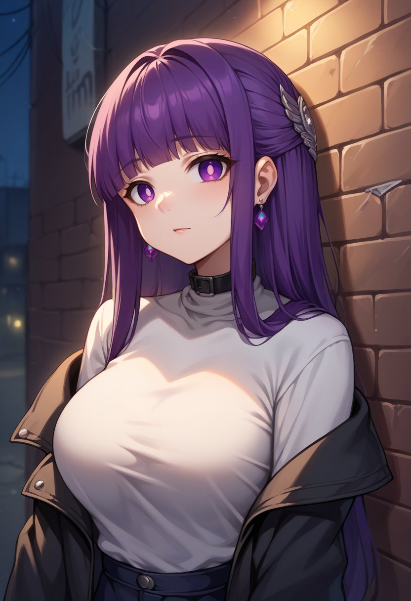 score_9, score_8_up, source_anime, 1girl, solo, FernFrieren, purple eyes, purple hair, long hair, half updo, hair ornament, earrings, sharp eyes, choker, neon shirt, open jacket, turtleneck sweater, night, against wall, brick wall, graffiti, dim lighting, alley, looking at viewer, <lora:CHAR-FernPonyXL:1>