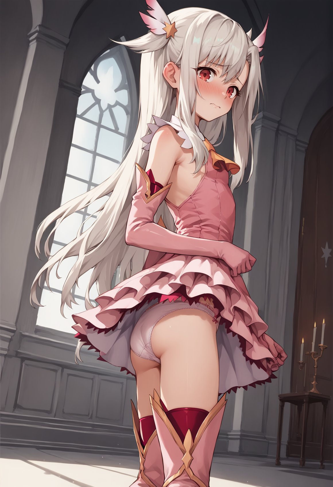 1girl, white hair, red eyes, long hair, twin tails, hair ornament, feathers, pink dress, elbow gloves, magical girl, pink thigh Boots,standing, from side, panties, looking at viewer, embarrassed, indoors,  mansion, dutch angle  <lora:Illya_IQ2:1>, score_9, score_8_up, score_7_up, score_6_up, score_5_up, score_4_up, BREAK source_anime, masterpiece