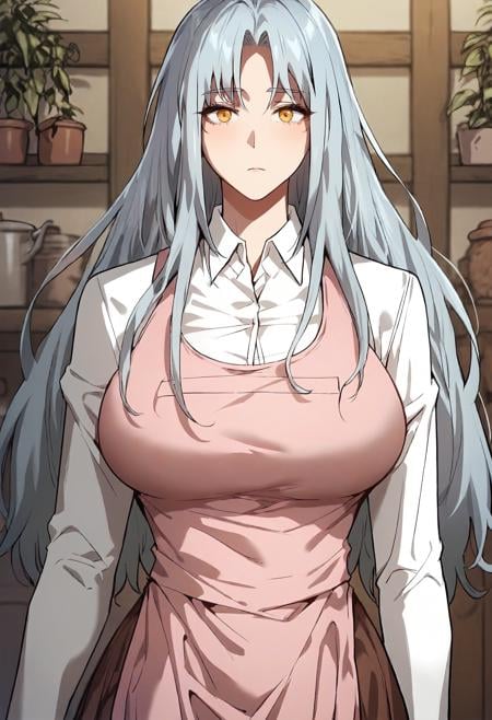 score_9, score_8_up, score_7_up, score_6_up, source_anime, rating_explicit, 1girl, (solo:1.1), huge breasts, <lora:Iril prefectPonyxl:0.9> long hair, grey hair, yellow eyes, parted bangs, light blue hair, white shirt, collared shirt, long sleeves, pink apron, brown skirt, expressionless, indoors, looking at viewer, standing