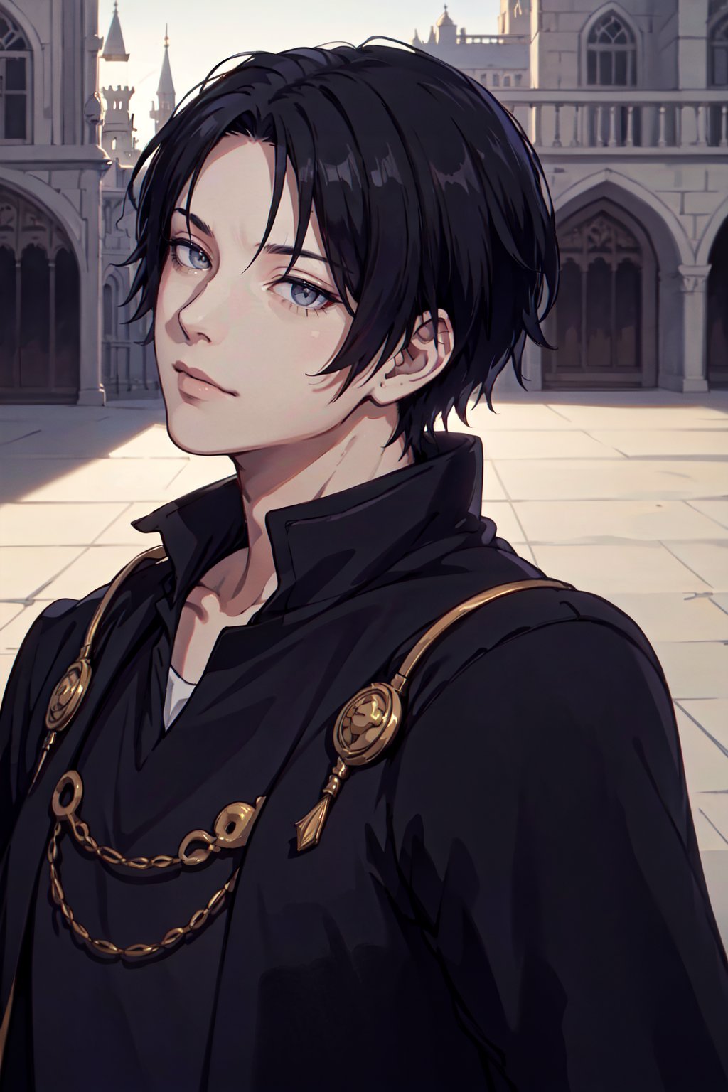 (masterpiece, best quality, highres, ultra-detailed),(beautiful and aesthetic:1.2), 1boy, male focus, short hair, black hair, grey eyes, abaya, persian castle on background, intricate details, perfect shadows and lighting, arslan senki,   <lora:kenkudou:0.5> kenkudou