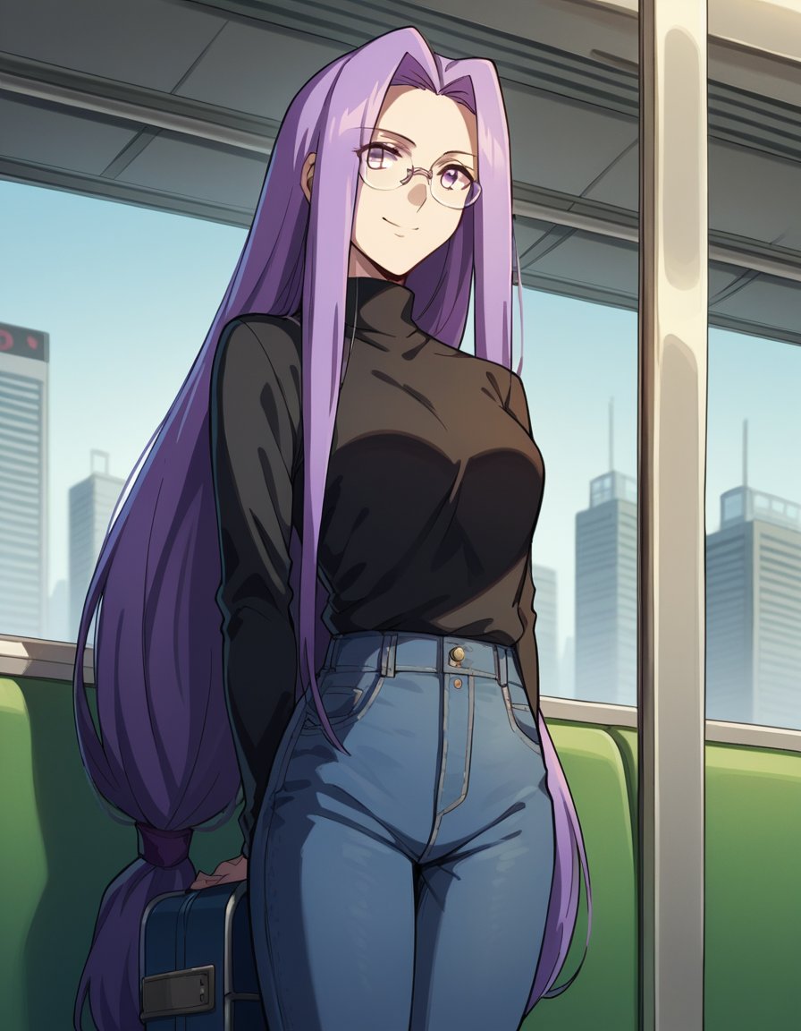 score_9, score_8_up, score_7_up, source_anime, <lora:medusa-rider-hf-movie-ponyxl-lora-nochekaiser:1>, medusa rider, long hair, very long hair, purple hair,, long sleeves, purple eyes, glasses, pants, sweater, turtleneck, denim, low-tied long hair, jeans, black sweater,, train station, waiting for train, suitcase, traveling, commute, city skyline, hands behind back,, smile, , hand on waist, elbow up, foot on tiptoe, solo,, cowboy shot, dutch angle