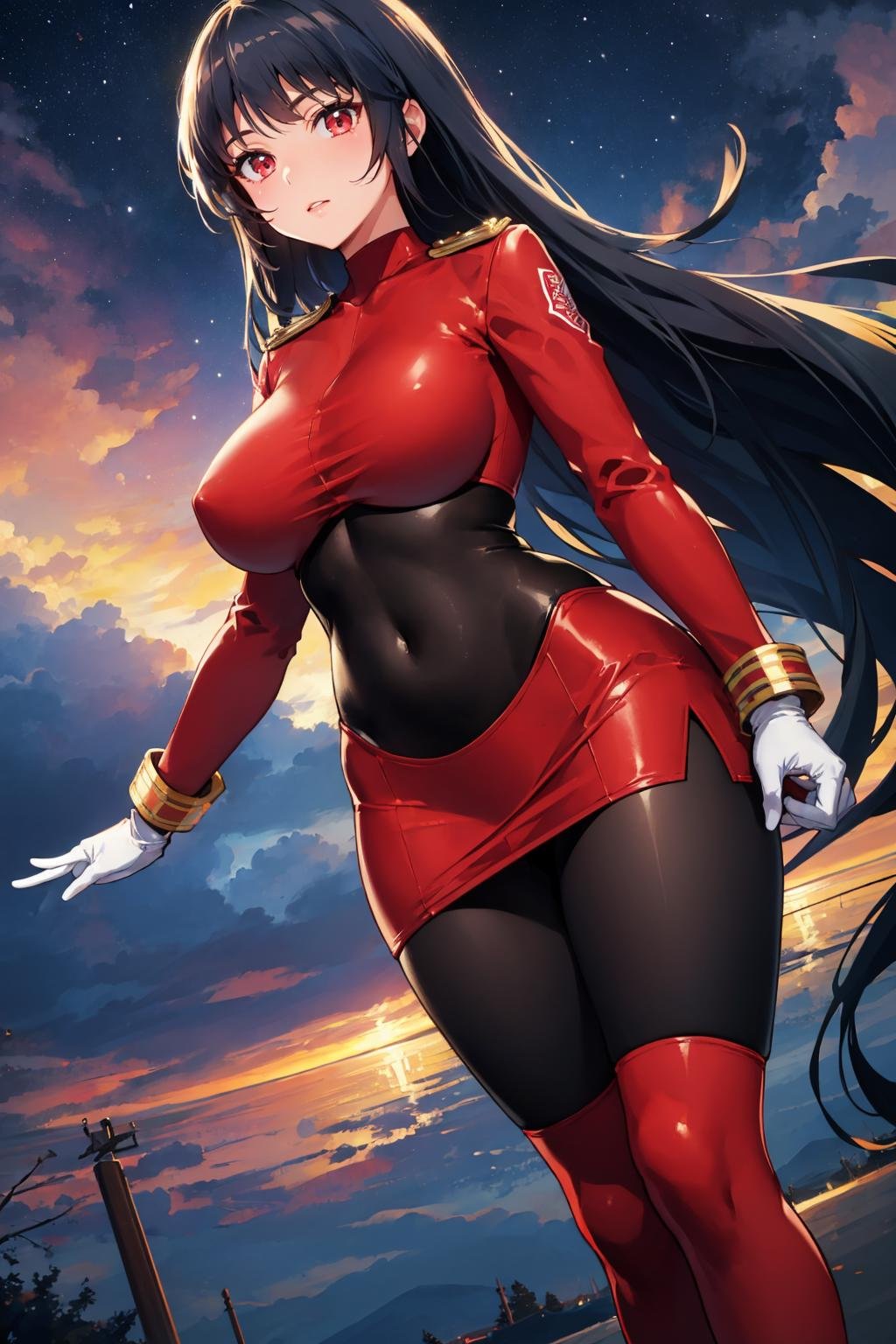 masterpiece, best quality, <lora:sabrina-nvwls-v1-000009:0.9> frlgsabrina, blunt bangs, very long hair, black hair, black bodysuit, red crop top, red sleeves, red skirt, white gloves, black pantyhose, large breasts, from below, leaning forward, night sky, looking at viewer