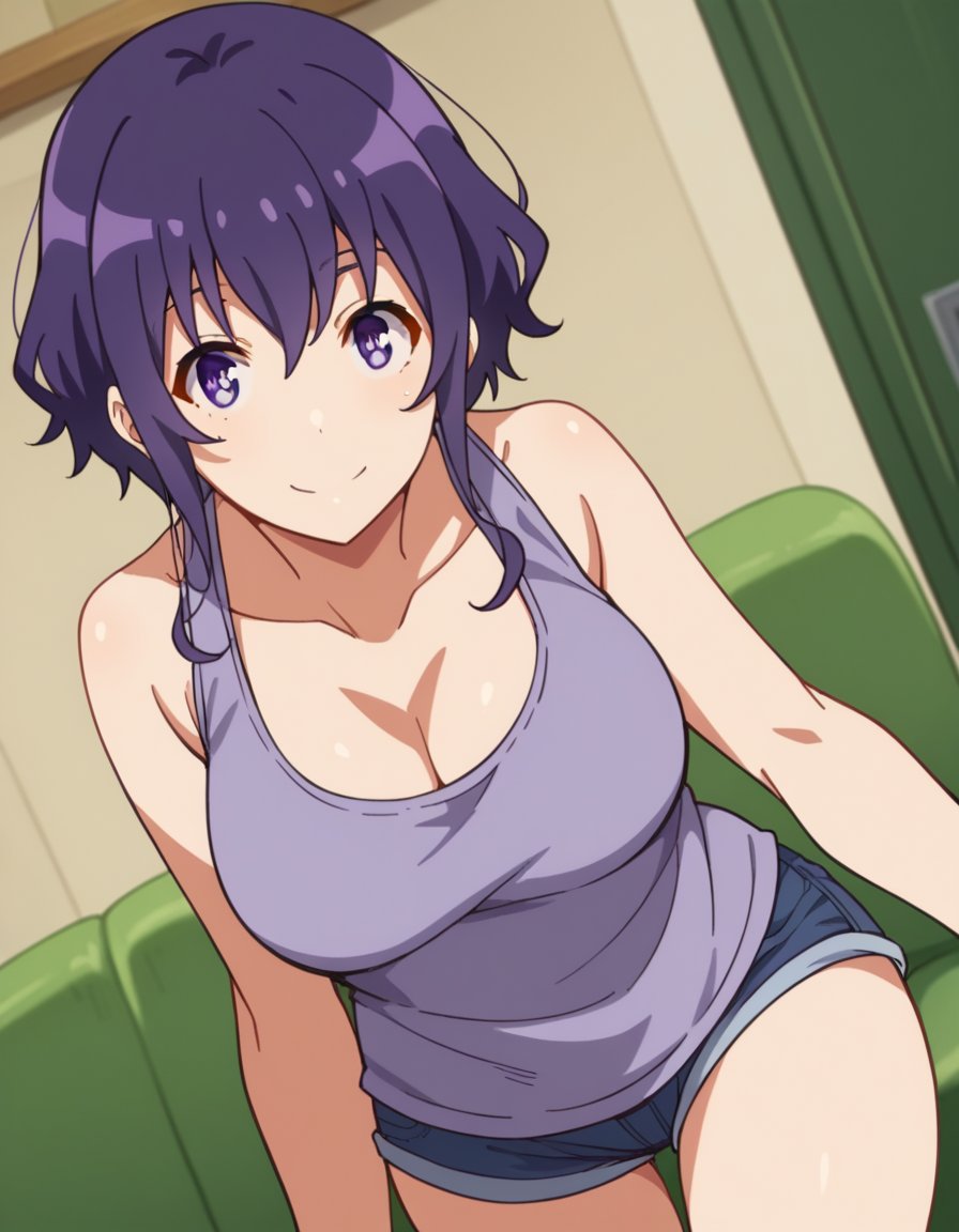 score_9, score_8_up, score_7_up, source_anime, <lora:michiru-hyoudou-s2-ponyxl-lora-nochekaiser:1>, michiru hyoudou, short hair, bangs, purple eyes, purple hair, large breasts,, shorts, short shorts, tank top, denim, denim shorts, cleavage, bare shoulders, collarbone,, indoors, smile, looking at viewer, solo,, cowboy shot, dutch angle