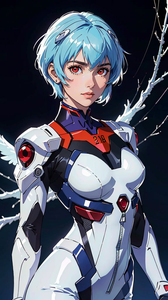 (best quality, masterpiece, colorful, dynamic angle, highest detailed)(\Rei Ayanami\), upper body photo, fashion photography of cute girl (\Rei Ayanami\), red eyes, dressing high detailed Evangelion white suit (high resolution textures), in dynamic pose, bokeh, (intricate details, hyperdetailed:1.15), detailed, moonlight passing through hair, (fantasy background, official art, extreme detailed, highest detailed), HDR+