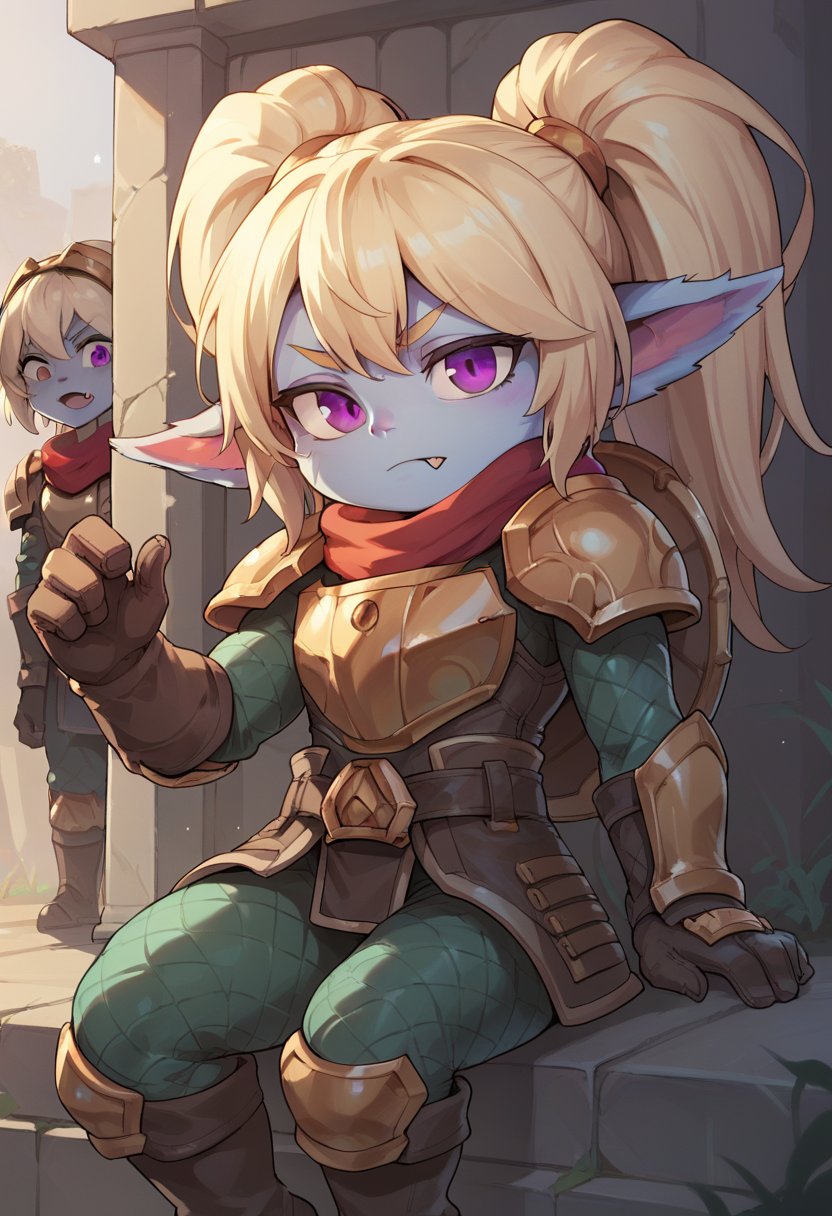 score_9, score_8_up, score_7_up, p0ppy, 1girl, yordle, colored skin, pointy ears, twintails, long hair, blonde hair, purple eyes, fang, red scarf, armor, shoulder armor, gloves, boots, <lora:Poppy_Default_v2:0.7>