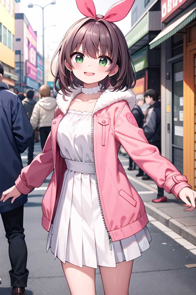 <lora:talkmouth_E_type1_v200:1>insanely detailed, absurdres, ultra-highres, ultra-detailed, best quality,1girl, solo, nice hands, perfect handsBREAK(pink and white theme:1.4), (Wearing a (long sleeve pink coat with fur color) over a white high neck blouse:1.4), (fur cuffs:1.3), (double pillar button:1.3), (pocketless:1.4), (plain ivory-white pantyhose:1.4), (pink heeled boots with lace-up:1.2)    BREAK    (wine-red pleated skirt:1.3)    BREAK    (naked skin:-1), (See-through:-1), (pocket:-1), (black pantyhose:-1), (wine:-1), (red coat:-1), (white coat:-1), (red tops:-1), (white skirt:-1), (pink skirt:-1), (black skirt:-1), (text on clothes:-1), ((mark, logo, pattern) on pantyhose:-1), (tone pantyhose:-1), (bare shoulders:-1)BREAK(nsfw:-1.5)BREAKsmile, open mouthBREAK,standing, cowboy shot, looking at viewerBREAKslender, kawaii, perfect symmetrical face, ultra cute girl, ultra cute face, ultra detailed eyes, ultra detailed hair, ultra cute, ultra beautifulBREAKin street, cityscape in harajuku, depth of field, ultra detailed backgroundBREAKlarge breastsBREAKorange hair, green eyes, spiked hair, 