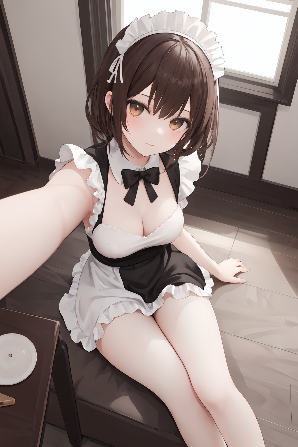 1girl,solo,maid,maid headdress,looking at viewer,apron,brown hair,indoors,black hair,bare foot,feet focus,two feet,from_above,dynamic angle,selfie,close-up,upshorts,looking_up,