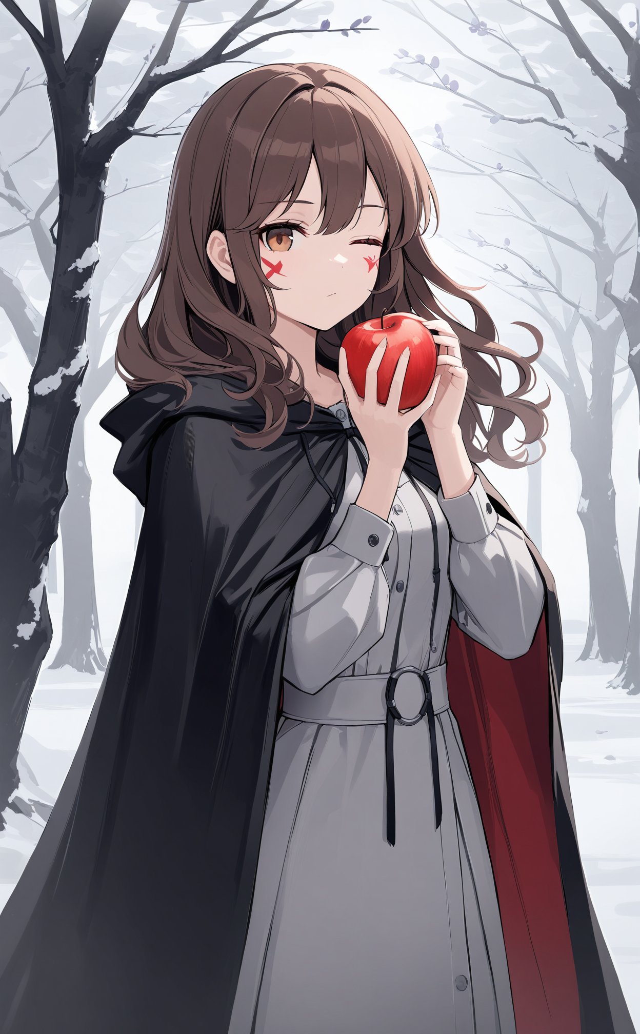 masterpiec,best quality,Artist Rta,1girl,brown hair,fruit,food,holding,one eye closed,cloak,apple,solo,hood,dress,looking at viewer,holding fruit,hooded cape,hooded cloak,hood down,holding food,cape,brown eyes,facial tattoo,branch,wavy hair,tree,medium hair,outdoors,one-eyed,black cloak,long hair,long sleeves,closed mouth,tattoo,grey dress,