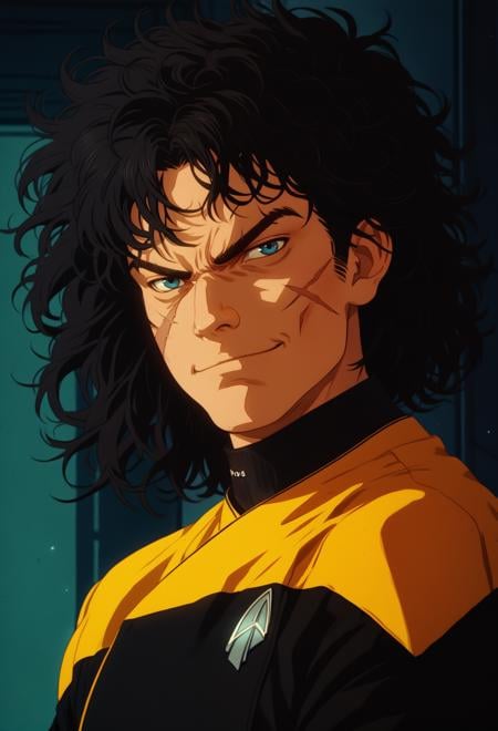 score_7_up,solo,1boy,messy hair,black hair,smirk,blue eyes,scar,pcdst,Star trek uniform,yellow,yellow shoulders,black jumpsuit,<lora:PicardPony-000050> <lora:Kenva_Enhanced:0.8><lora:Kenva:0.8>